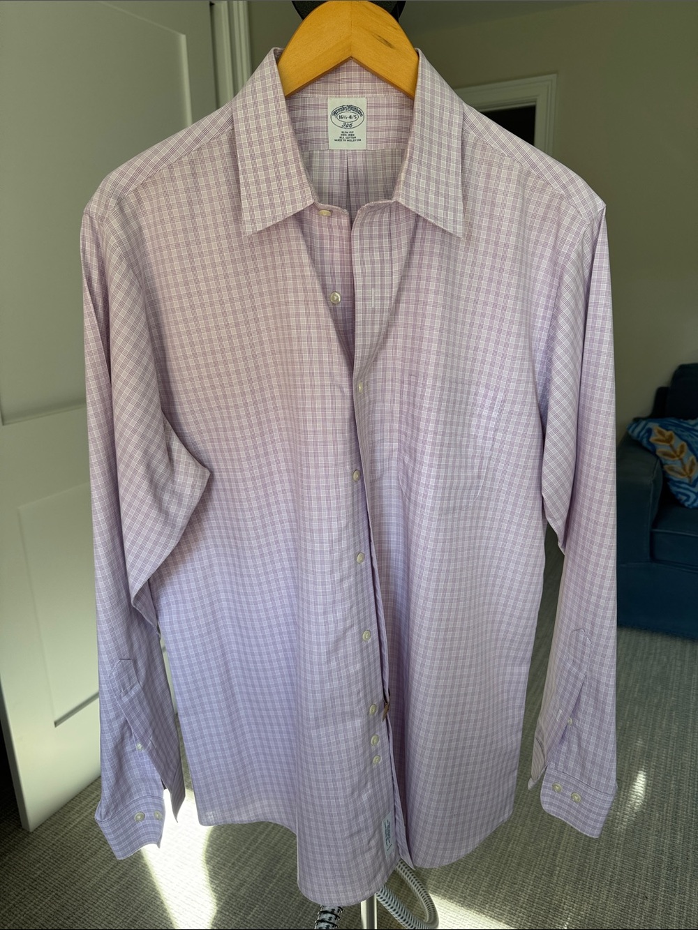 Brooks Broyhers 346 16 1/2 neck Lavender Check non iron slim fit Dress Shirt